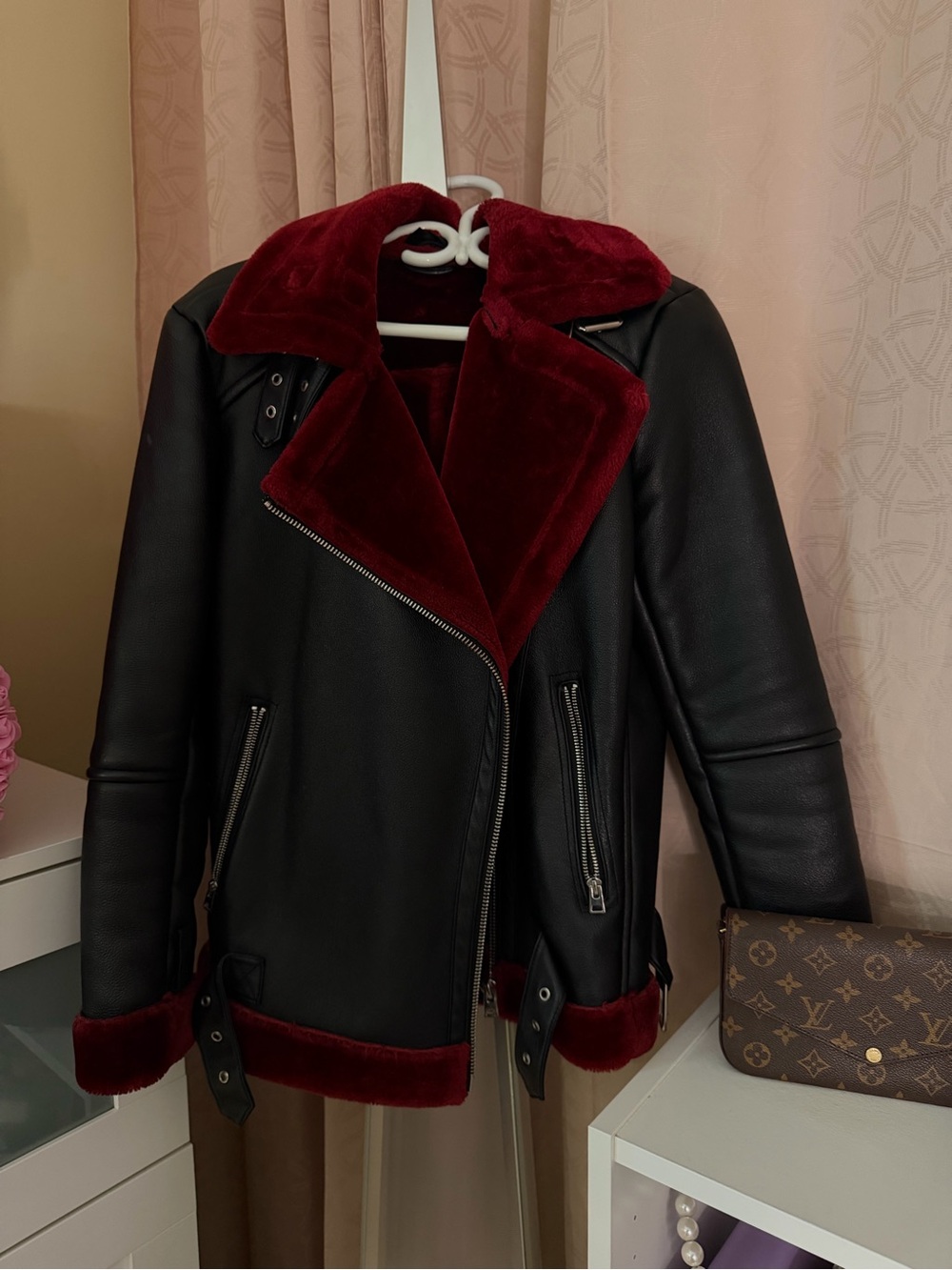Topshop Black Faux Leather Jacket with Deep Red Faux Fur Trim